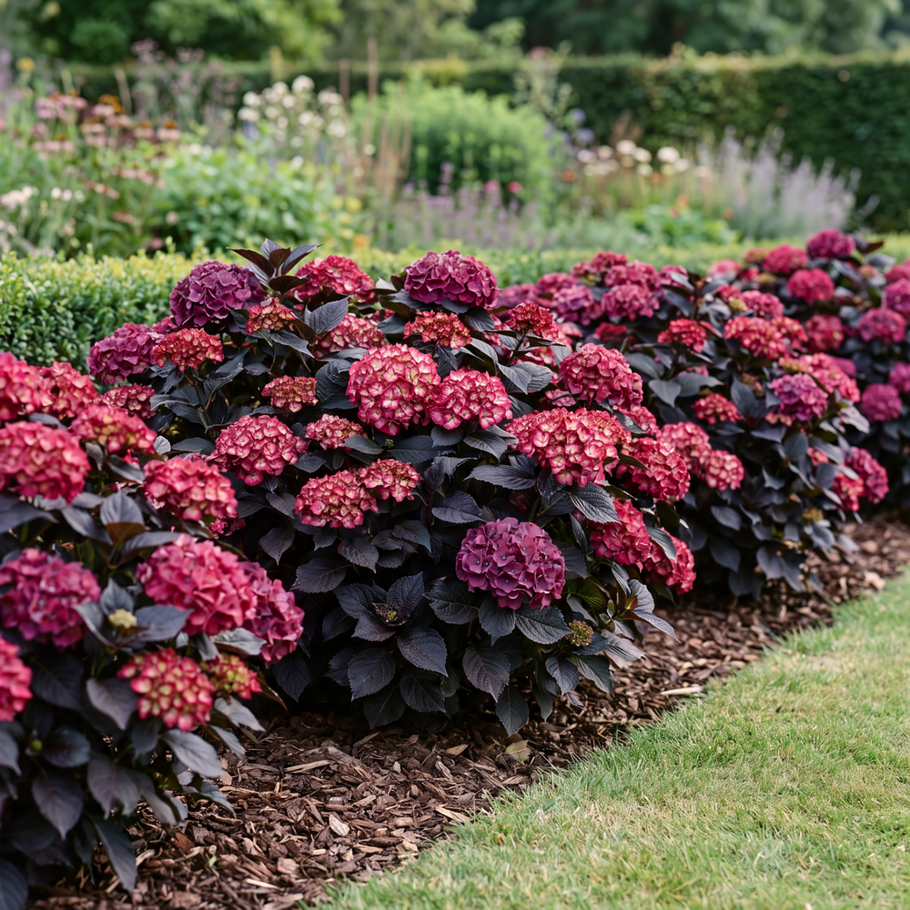 Hortensia 'Eclipse' med mörkt bladverk och stora färgstarka blomställningar